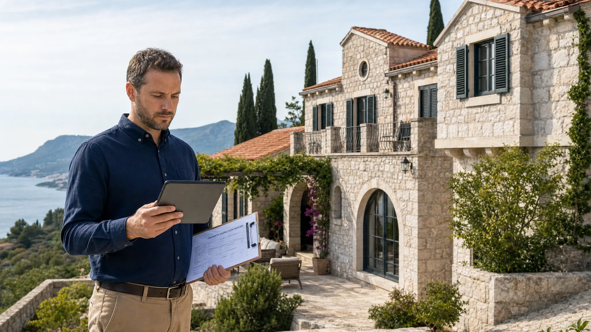 Property inspector examining a Croatian stone villa with clipboard and tablet