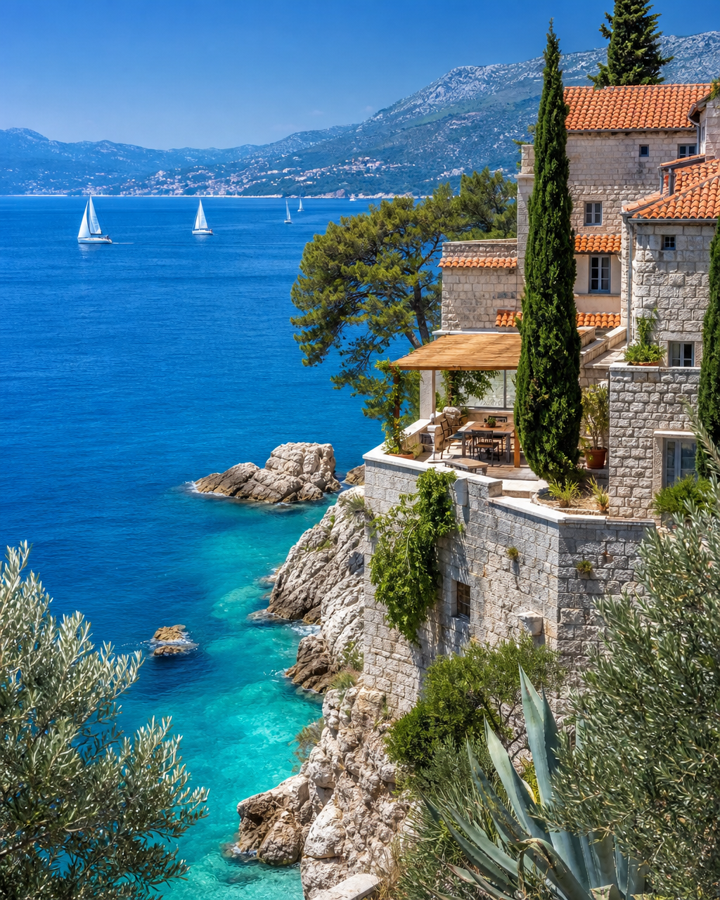 Sun-drenched Croatian Adriatic coastline with a stone villa, terracotta roofs and turquoise sea