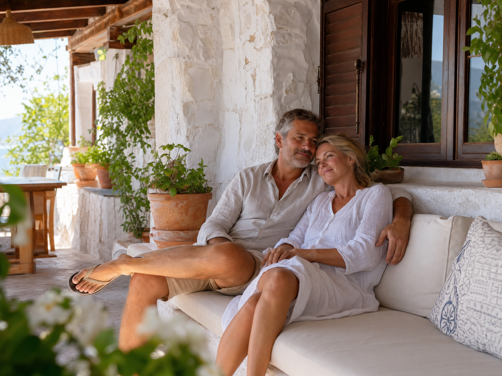 An affluent couple relaxing at home, confident their Croatian property is well cared for