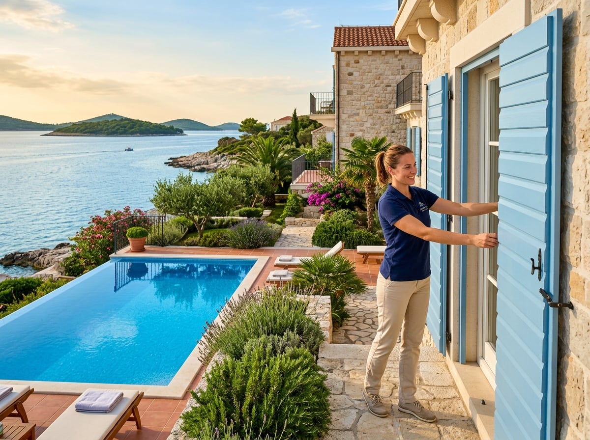 A professional caretaker opening the shutters of a pristine Croatian coastal villa